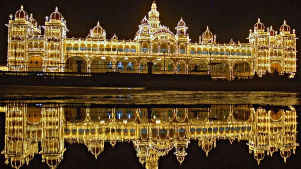 Mysore Palace looks amazing lit up at night – perfect for booking a cab if you're going from Madurai to Mysore.