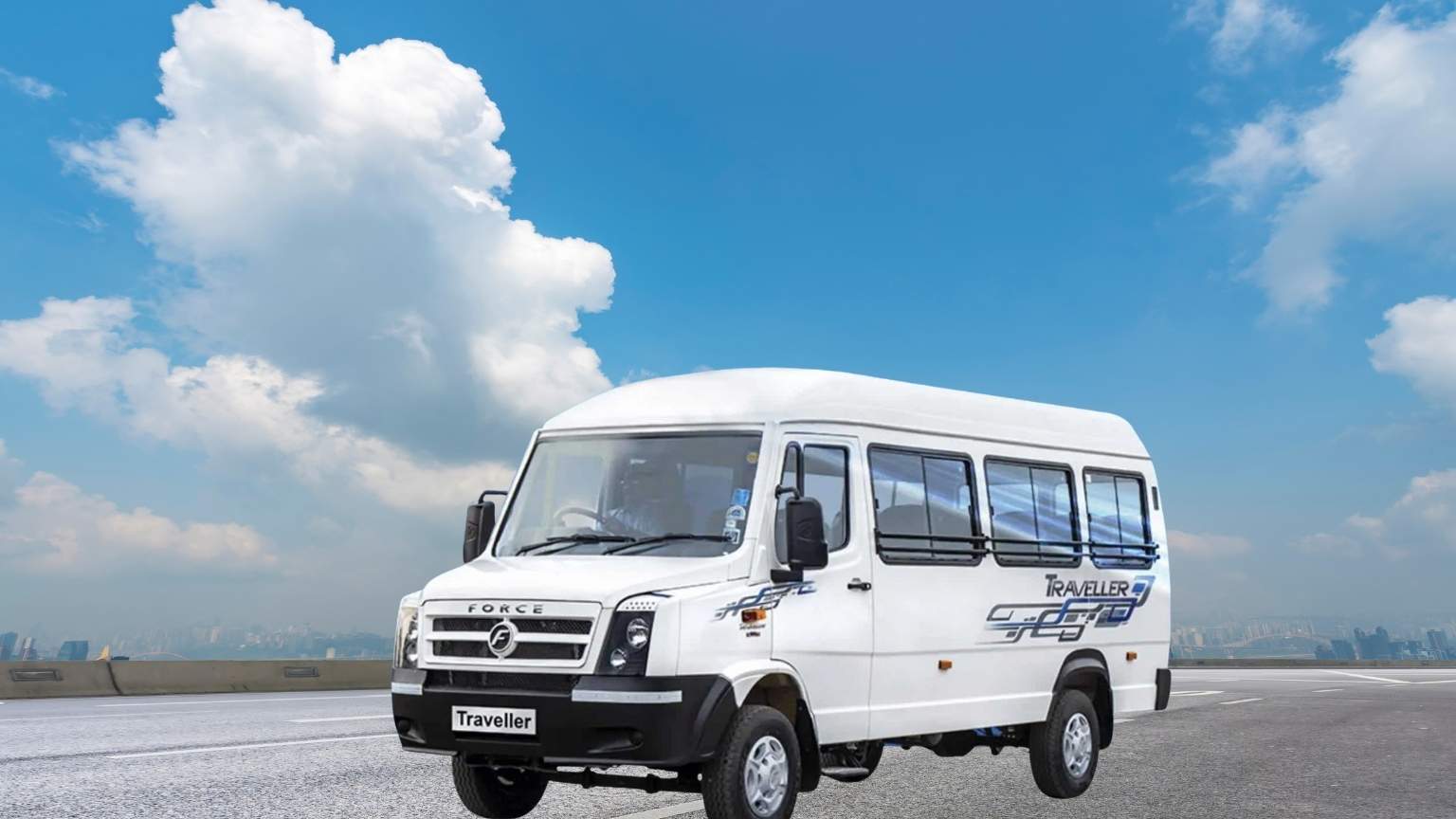 A White Force Tempo Traveller rides down the open highway, a great option for booking group cabs in Madurai.
