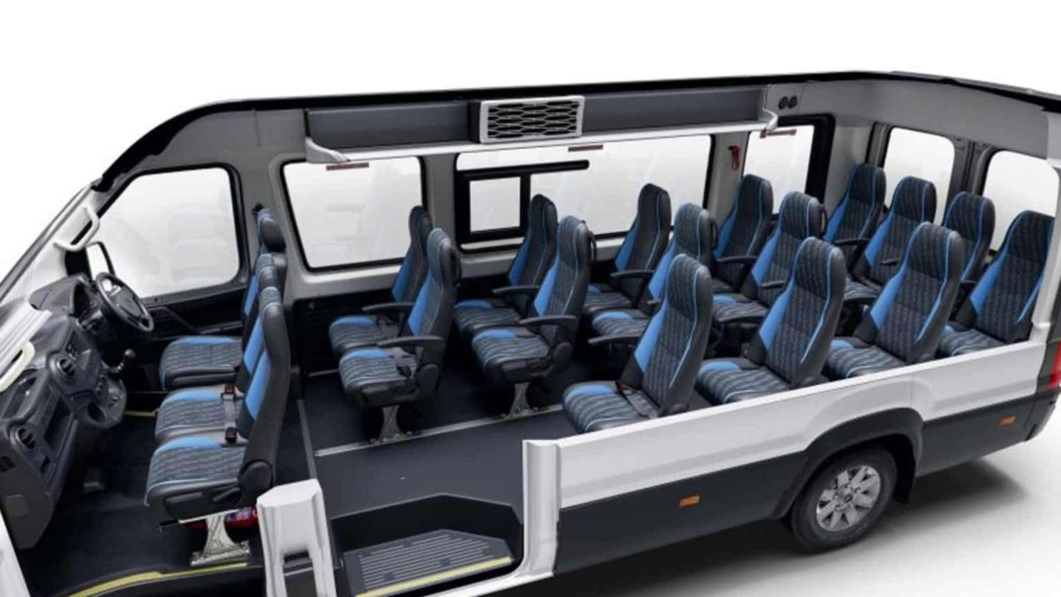 The Force Urbania van has a roomy interior and blue seats, which makes it ideal for group and family cab bookings in Madurai.