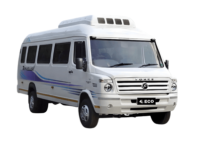 A White Force Traveller AC tempo traveller van is available for group cab bookings in Madurai. It's a good choice if you need a vehicle that seats 12–17 people.